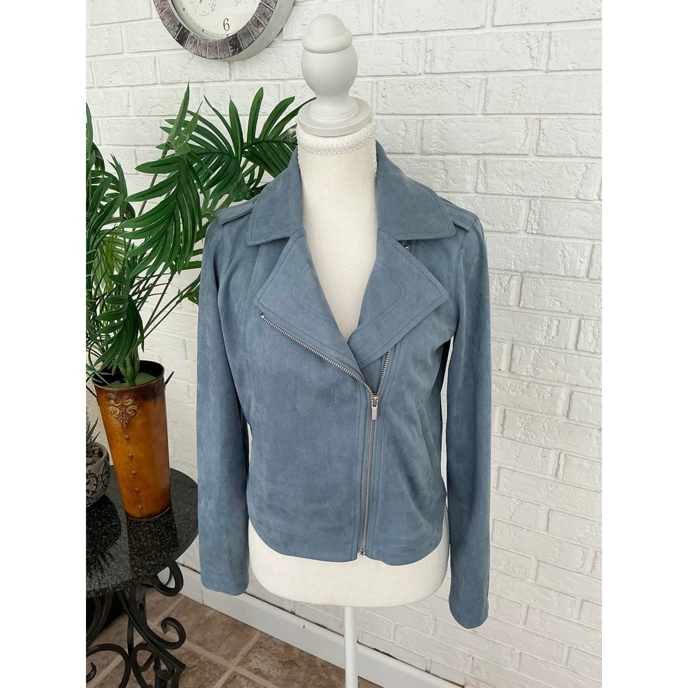 LC Lauren Conrad Moto Jacket Women XS Blue Excellent Faux Suede Asymmetrical Zip